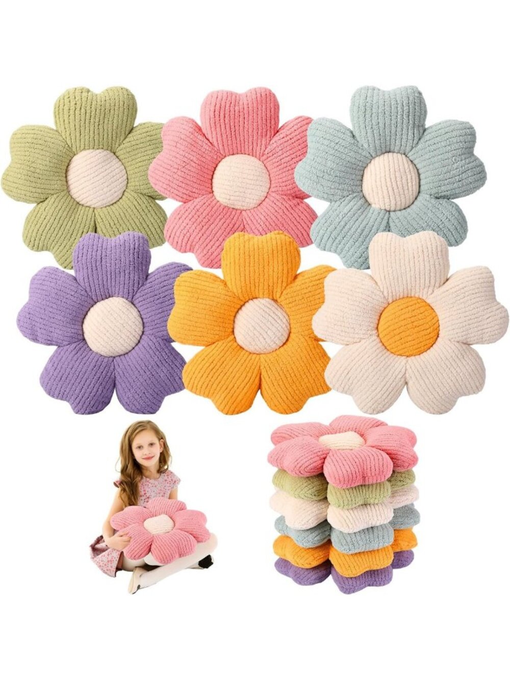Set of 6 Colorful Flower Shaped Throw Pillows - Daisy Floor Cushions for Home
